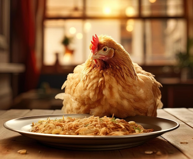 un pollo en un plato sobre una mesa con Adobe Photoshop al estilo de una perspectiva realista