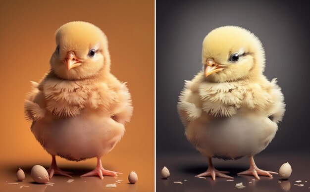 Un pollo con una pluma amarilla en la cabeza.