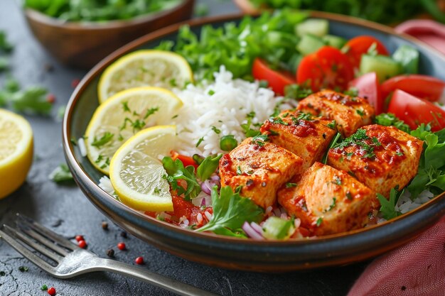 Pollo preparado en salsa y servido con rebanadas de limón