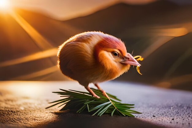 Foto un pollo con una rama de pino en su pico está comiendo una rama de pinos