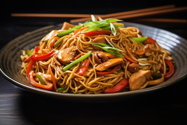 El pollo rápido Lo Mein es comida china.