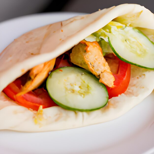 Pollo relleno de pita, tomates, lechuga y pepino, deliciosa comida mediterránea