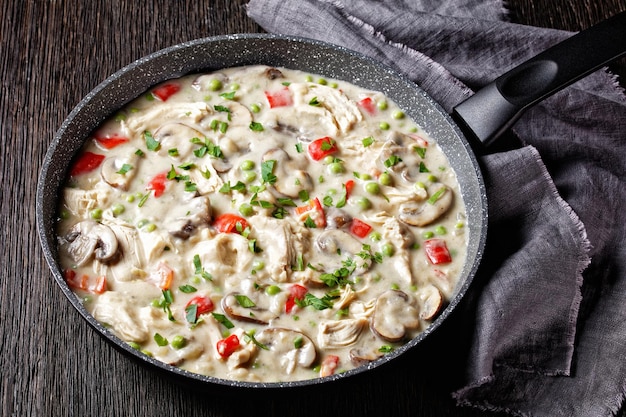 Pollo a la rey, pechuga de pollo cocida en salsa de crema con champiñones, guisantes y pimientos picados en una sartén sobre una mesa de madera oscura, vista horizontal desde arriba