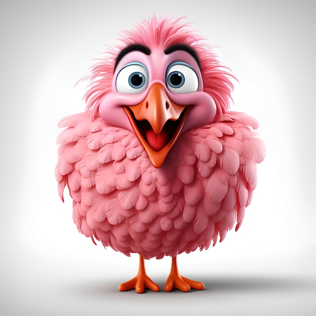 Un pollo rosado gracioso con ojos grandes y boca Ilustración 3D