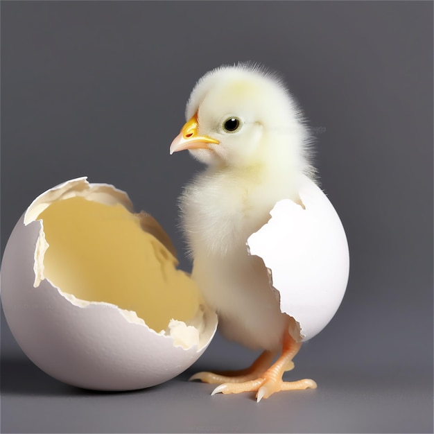 Un pollo saliendo de un huevo blanco.