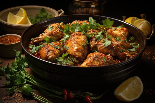 Foto pollo en salsa de curry servido en un cuenco con palos en la mesa generativa de closeup ia