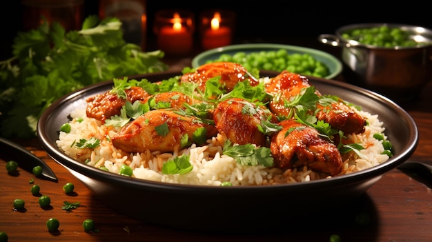 Pollo en salsa de tomate con arroz en un plato sobre fondo verde