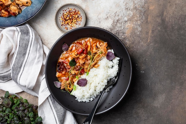 Pollo salteado con salsa de tomate, sirope de arce y arroz