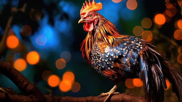 Pollo salvaje con todo el cuerpo en el árbol Pollo hermoso con ojos naranjas