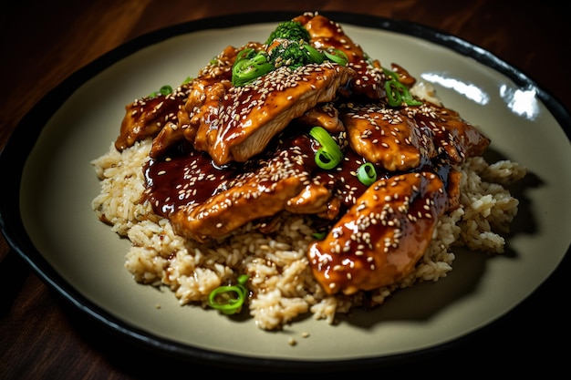 pollo con sésamo y miel servido con arroz en un plato