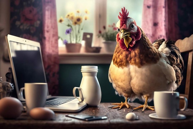 Un pollo se sienta en un escritorio con una computadora portátil y una taza de huevos.