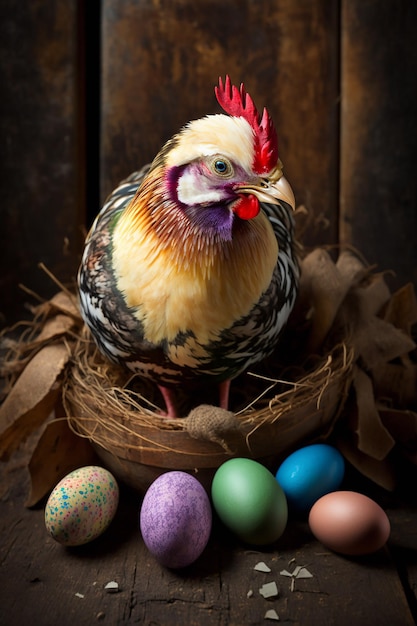 Un pollo se sienta en un nido con huevos pintados.