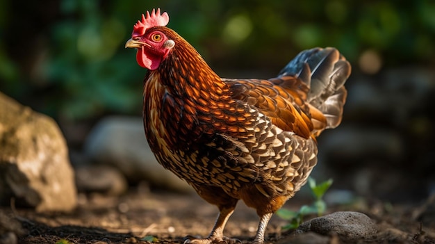 Un pollo se para sobre una roca en un campo.