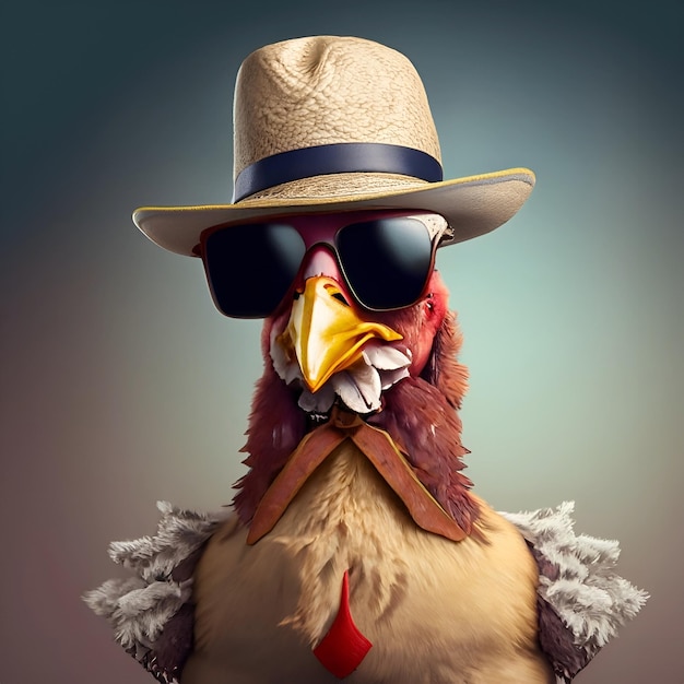 pollo con sombrero y gafas de sol