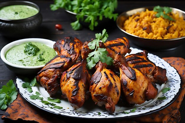 El pollo tandoori es un plato de pollo con cebolla y chutney verde