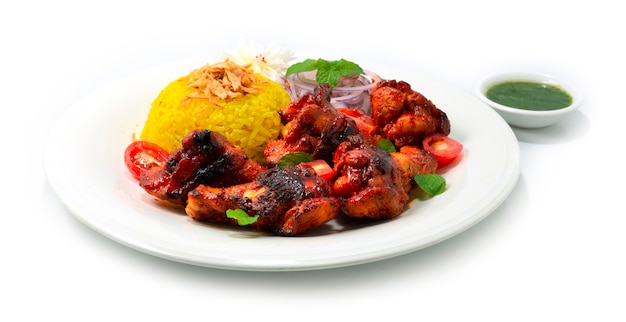 Pollo Tandoori a la parrilla servido con salsa de menta y arroz Biryani encima La cebolla crujiente es una cena india clásica que marina alitas de pollo en una base de yogur cremoso, especias mezcladas decoradas con cebolla