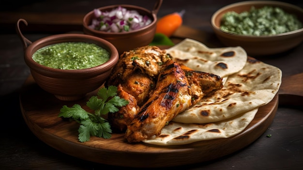 Pollo tandoori picante con chutney de menta y pan naan IA generativa