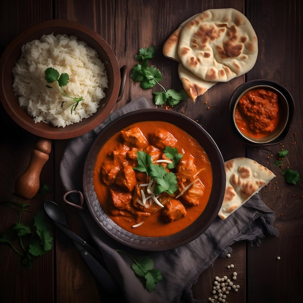 Pollo tikka masala comida de carne al curry en un plato de arcilla con arroz y pan naan sobre fondo de madera ai generativo