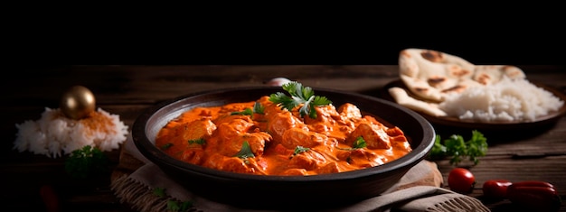 Pollo tikka masala curry picante comida de carne en plato de arcilla con arroz y fondo oscuro IA generativa