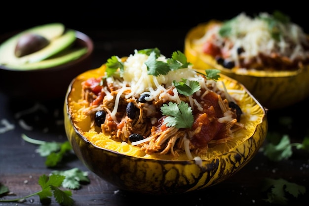 El pollo Tinga relleno de espagueti con calabaza negra