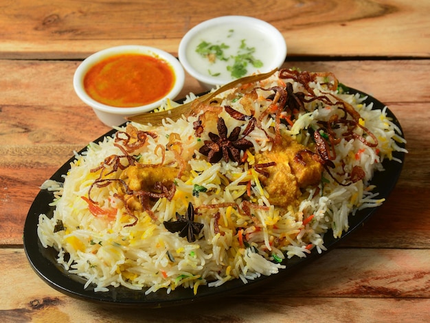 Pollo tradicional Hyderabadi dum Biryani hecho de arroz basmati cocinado con especias masala servido con raita de cebolla y enfoque selectivo Salan