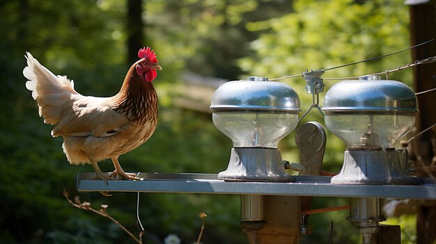 Un pollo en una valla en el bosque