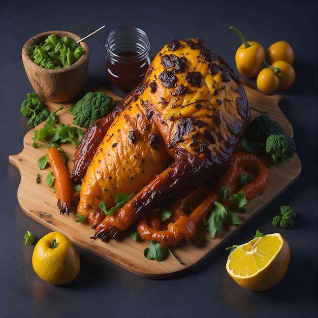 un pollo con verduras y limones sobre una tabla de cortar con limones y verduras.