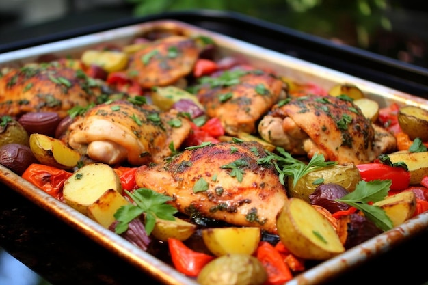 Pollo y verduras en una sartén Cena con asado