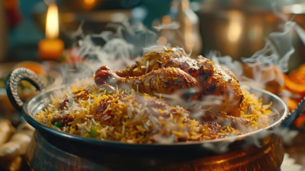 Foto pollo volador biryani picante indio biryani de hyderabadi