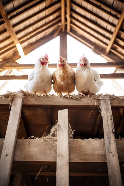 Foto los pollos se alojan en una percha de madera dentro de un granero