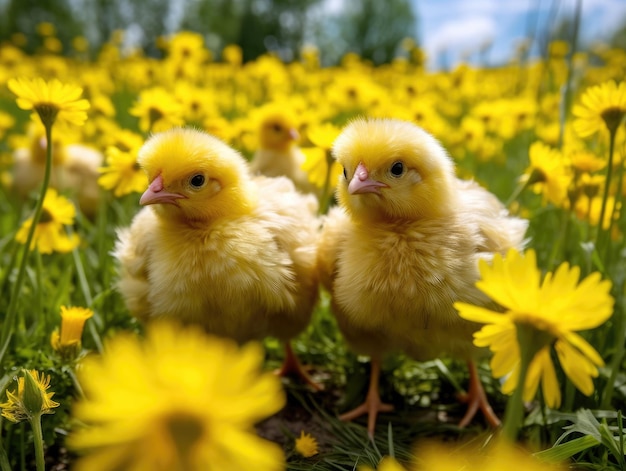 Pollos amarillos en un campo entre dientes de león amarillos