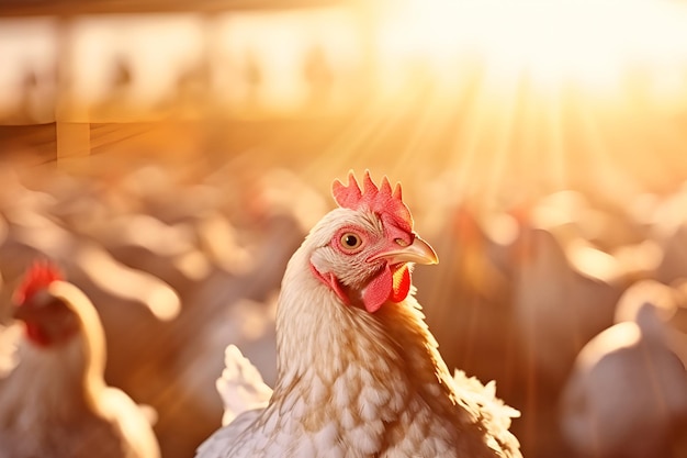 Pollos blancos de granja en libertad bajo los rayos del sol.