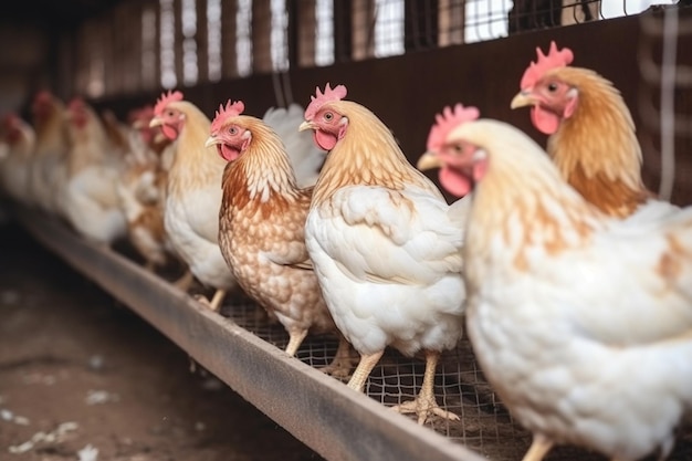 Pollos de engorde en el aviario en el contexto de equipos para beber y alimentar