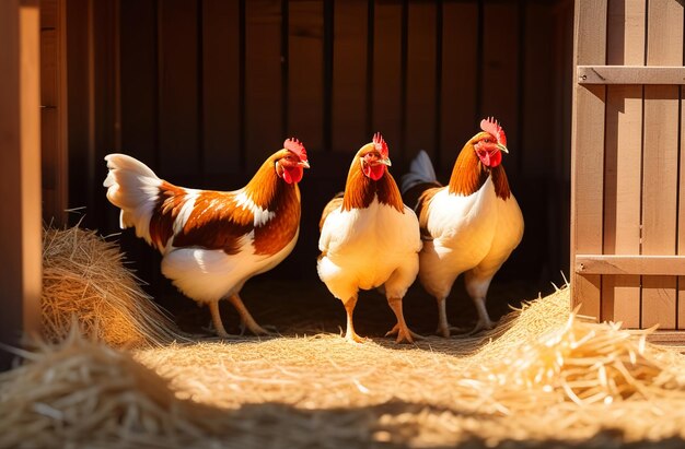 Los pollos en el gallinero a la luz del día