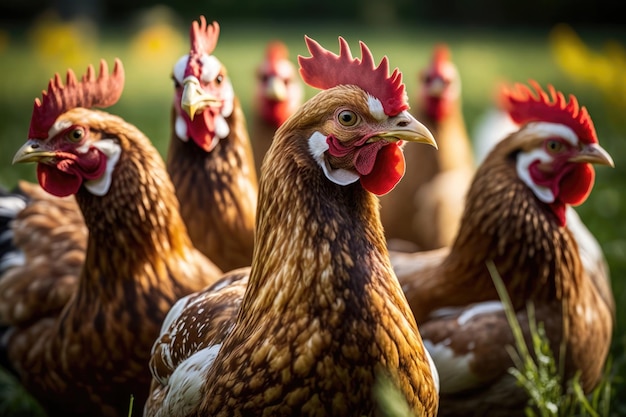 Pollos en una granja avícola tradicional al aire libre una bandada de pollos pastando en la hierba AI Generation