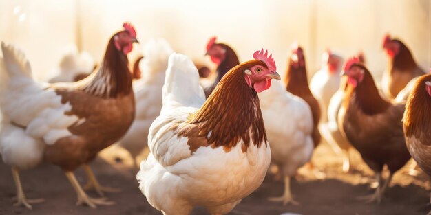 Pollos de granja bajo el suave resplandor de la mañana