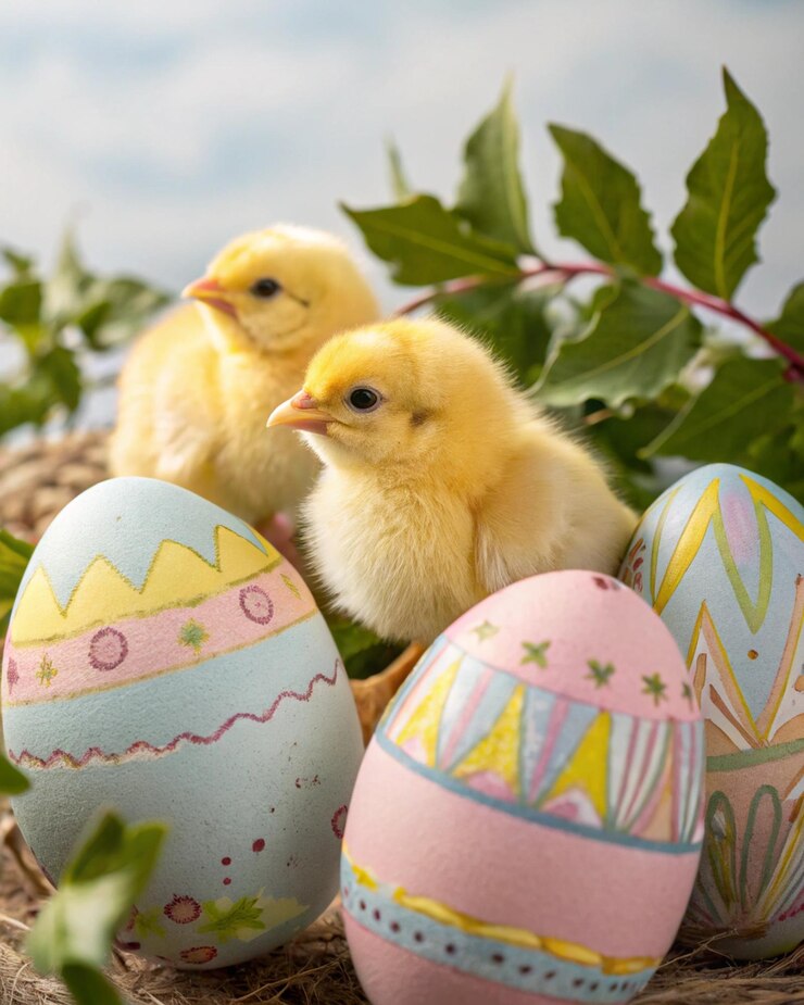 Pollos y huevos Varios pollos amarillos eclosionando de huevos de Pascua pintados