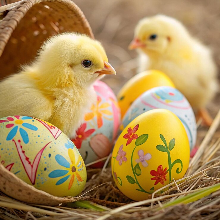 Pollos y huevos Varios pollos amarillos eclosionando de huevos de Pascua pintados