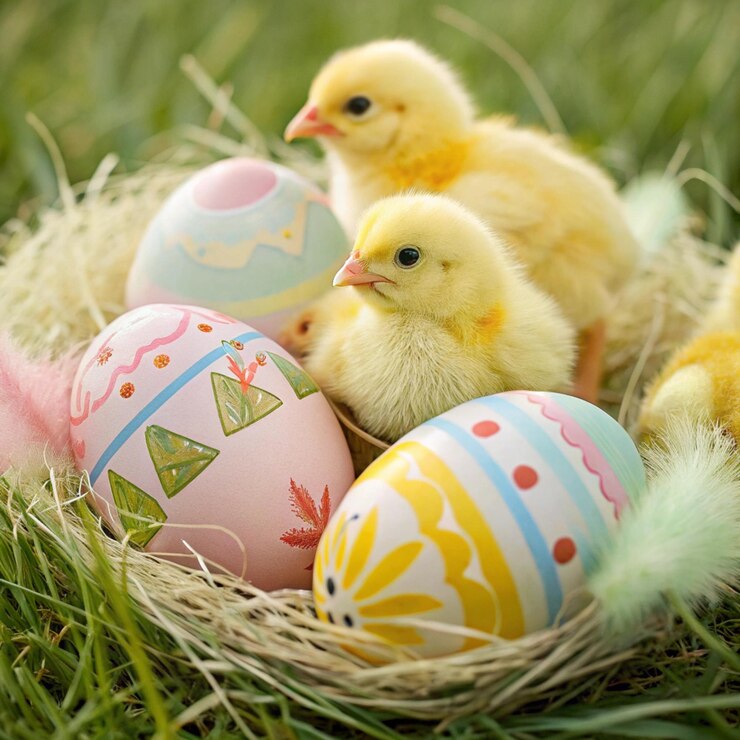 Pollos y huevos Varios pollos amarillos eclosionando de huevos de Pascua pintados