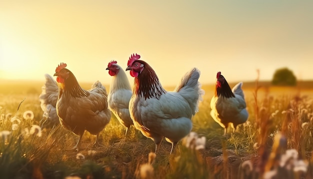 Los pollos en libertad en una granja ecológica al atardecer