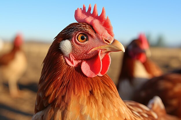 Pollos o gallinas en el campo, pollos de corral en una granja orgánica, primer plano vertical