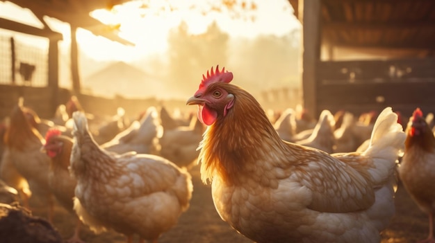 Pollos orgánicos criados en libertad en una granja rural Pollos felices en la pradera