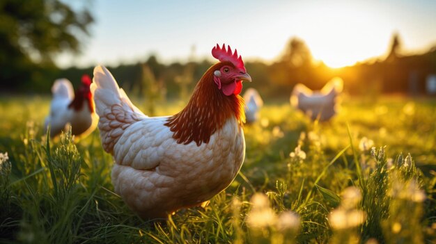 Los pollos pastan alegremente en la hierba en un rebaño