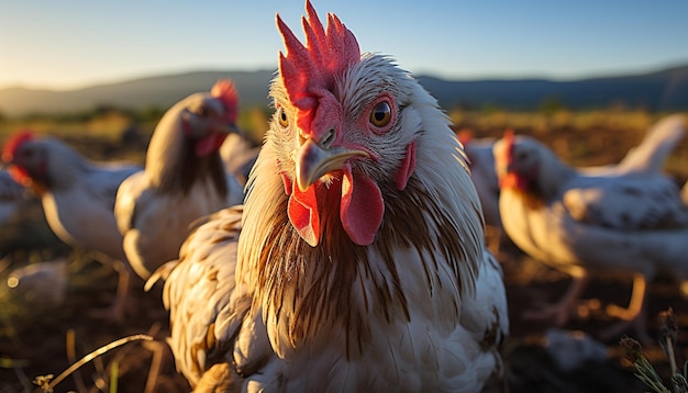 Los pollos pastan libremente en praderas orgánicas proporcionando carne fresca generada por inteligencia artificial