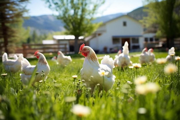 Los pollos pastan libremente en el vibrante prado de la granja a la luz del sol