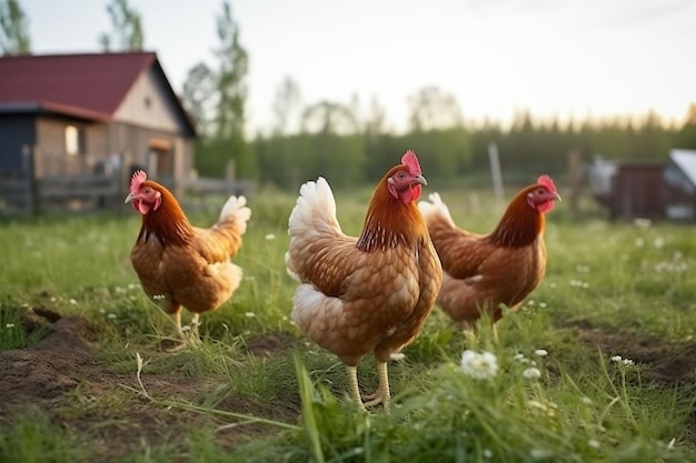 Los pollos en el patio de la granja orgánicos