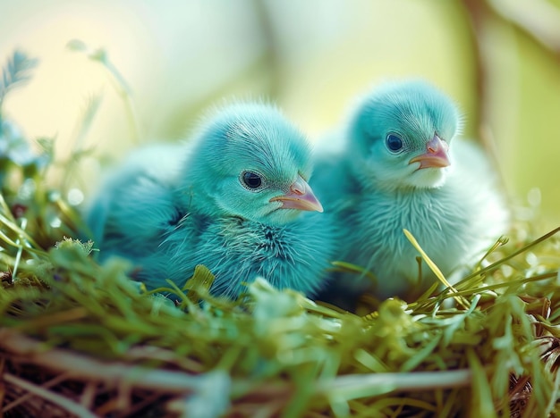 polluelos azules en un nido con hierba verde