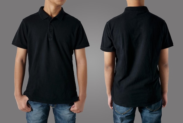 Polo-Hemd mit leerem Kragen, Vorder- und Rückseite, männliches Modell im Teenageralter, schwarzes T-Shirt