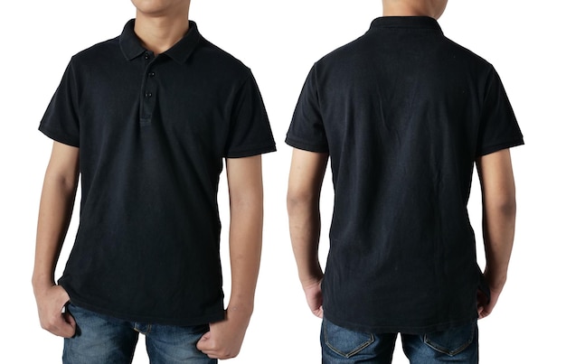 Polo-Hemd mit leerem Kragen, Vorder- und Rückseite, männliches Modell im Teenageralter, schwarzes T-Shirt