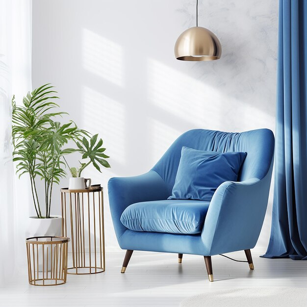Poltrona azul contra a parede azul na sala de estar interior elegante design de interiores com espaço de cópia